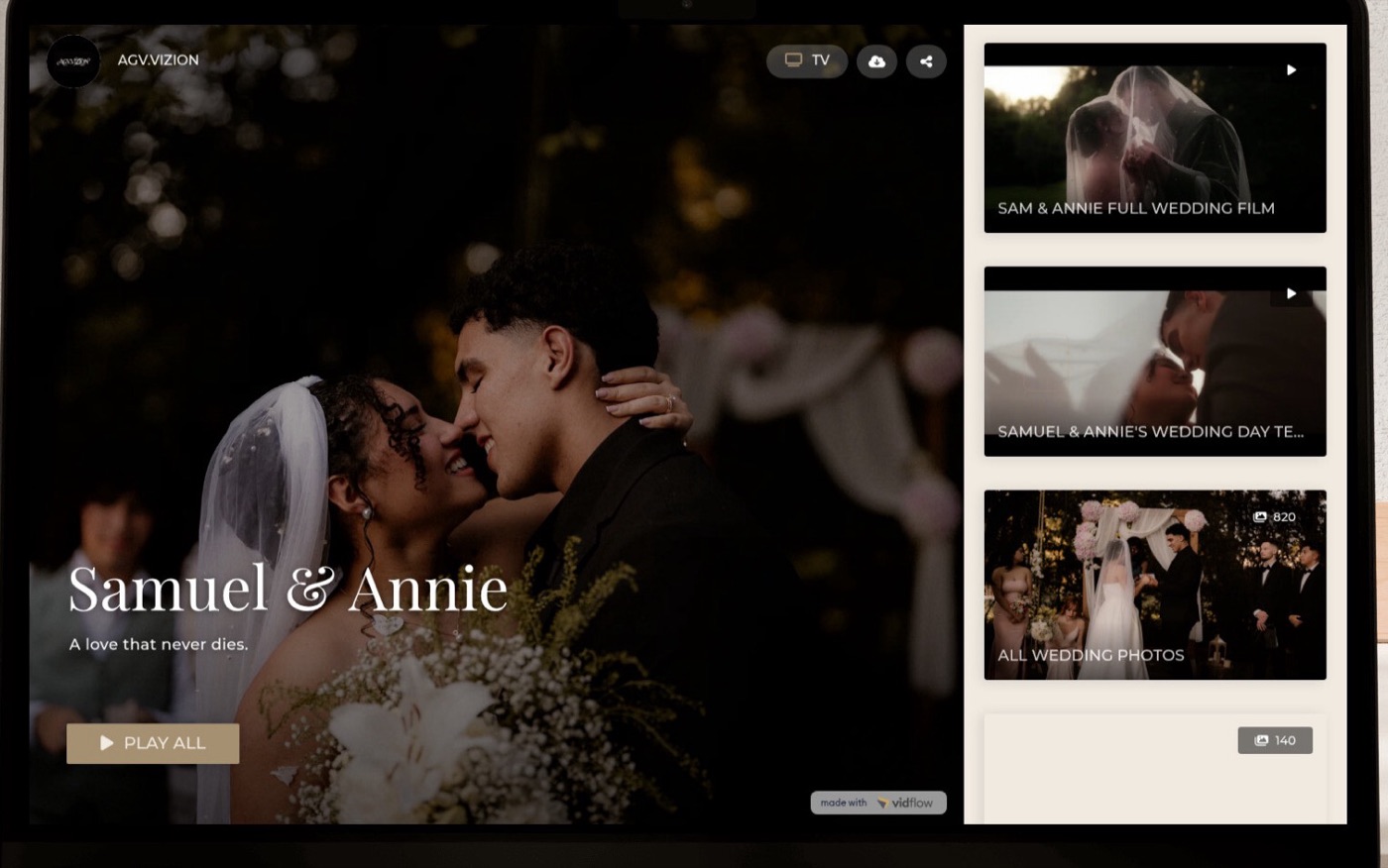 Samuel and Annie's wedding film streaming on a TV screen